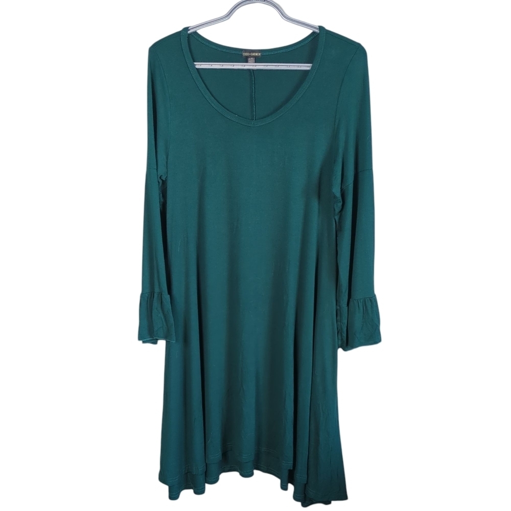 Coco+Carmen Emerald‎ Green Ruffle Bell Sleeve Stretch Jersey Shift Dress Sz L/XL